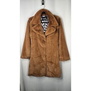 Badgley Mischka Cognac Brown Faux Fur Long Coat Small Snow Leopard Lining Soft